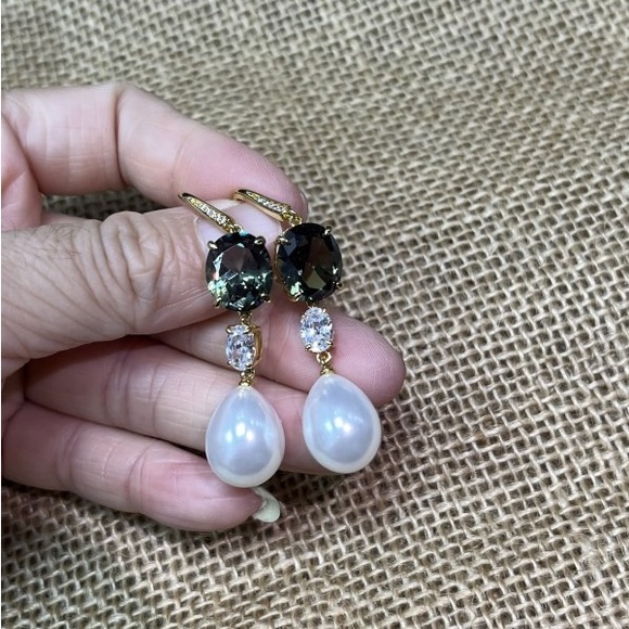 Golden Oval Cut & Pearl Peridot Drop Earrings 925 Sterling Silver - Picture 8 of 8